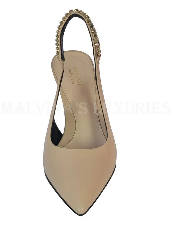GUCCI SHOES SIGNORIA LEATHER w LOGO CHAIN SLINGBACK PUMPS sz 38.5 8.5 - Picture 9 of 16